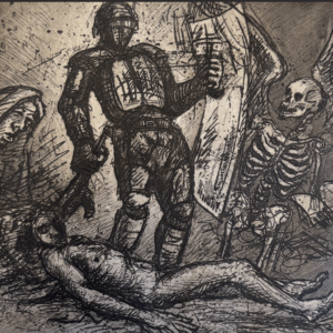 Señor de la guerra/ 14.5 x 14.5 / agua fuerte / 2022/. una pieza llena de movimiento y vida que con 2 colores logra encontrar profundidad y texturas.